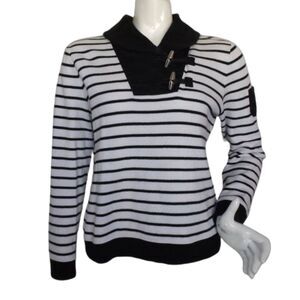 LAUREN RALPH LAUREN Sweater, L Black/White stripes, Shawl Collar/Toggle buttons